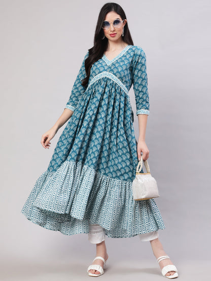 Rayon Printed Ankle Length Flared 3/4 Sleeve V Neck Kurta