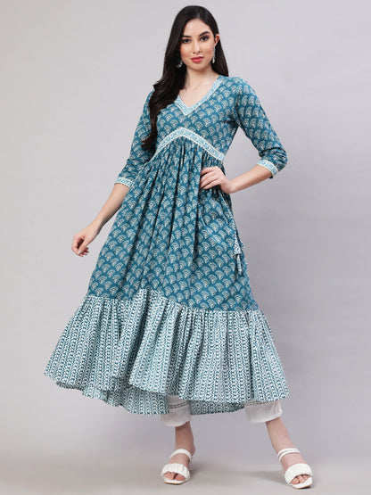 Rayon Printed Ankle Length Flared 3/4 Sleeve V Neck Kurta