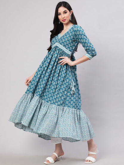 Rayon Printed Ankle Length Flared 3/4 Sleeve V Neck Kurta