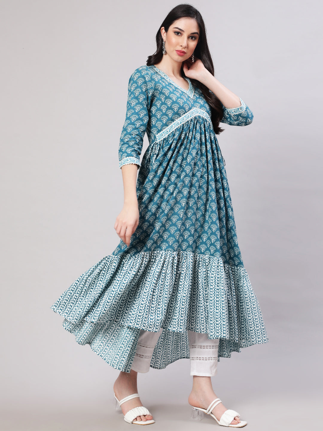 Rayon Printed Ankle Length Flared 3/4 Sleeve V Neck Kurta