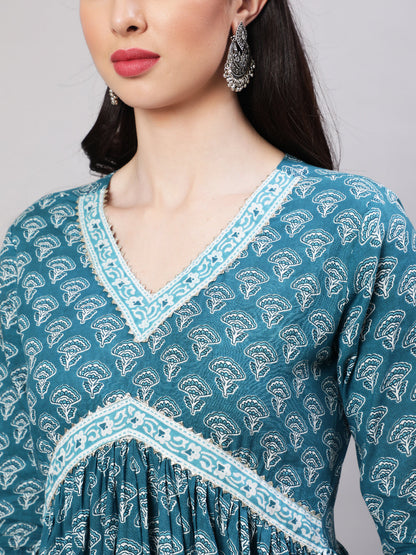 Rayon Printed Ankle Length Flared 3/4 Sleeve V Neck Kurta