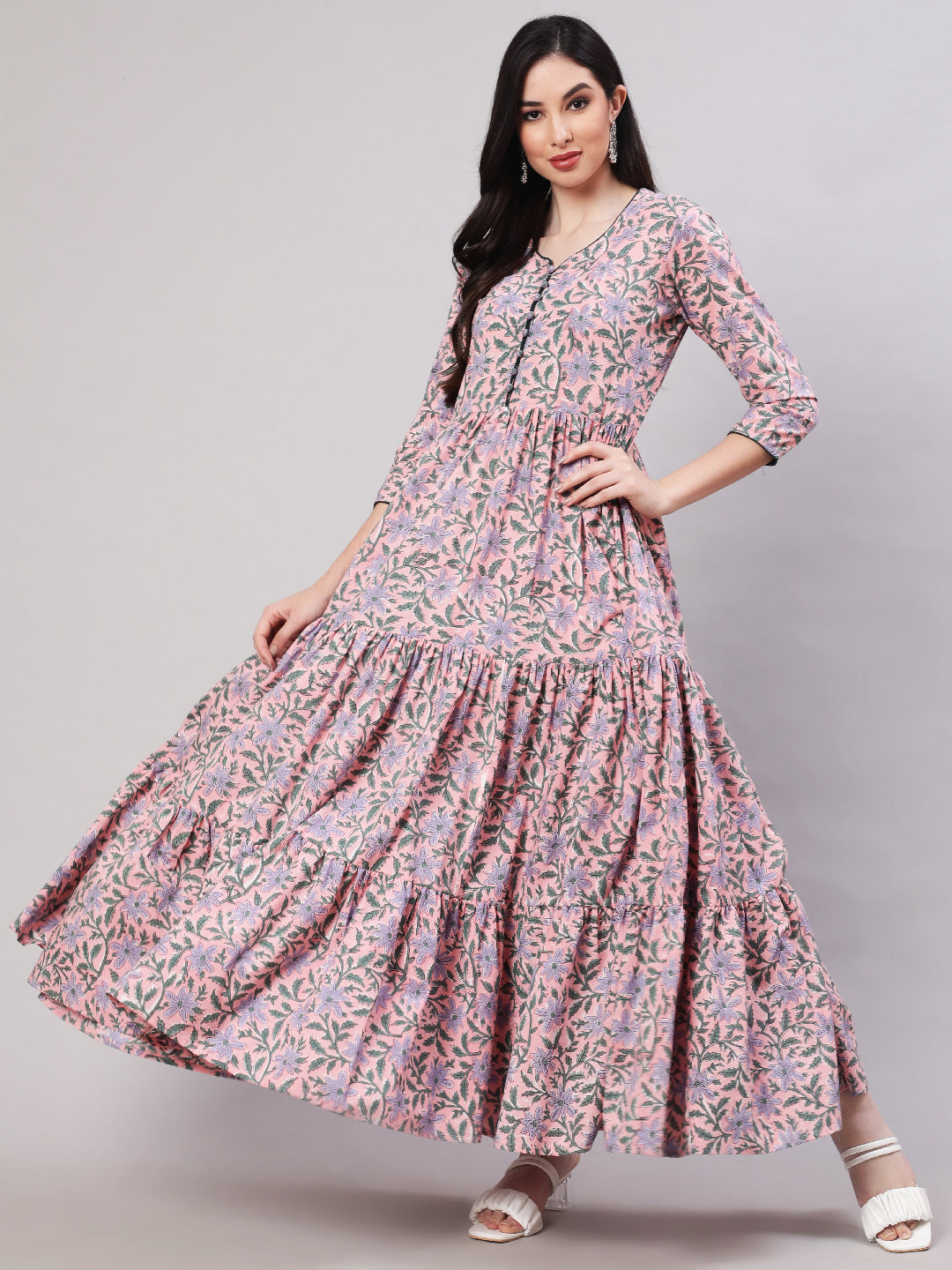 Rayon Printed Ankle Length Flared 3/4 Sleeve Round Neck Kurta