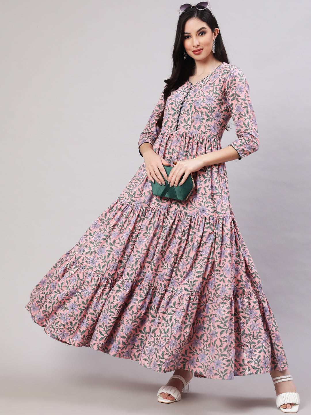 Rayon Printed Ankle Length Flared 3/4 Sleeve Round Neck Kurta