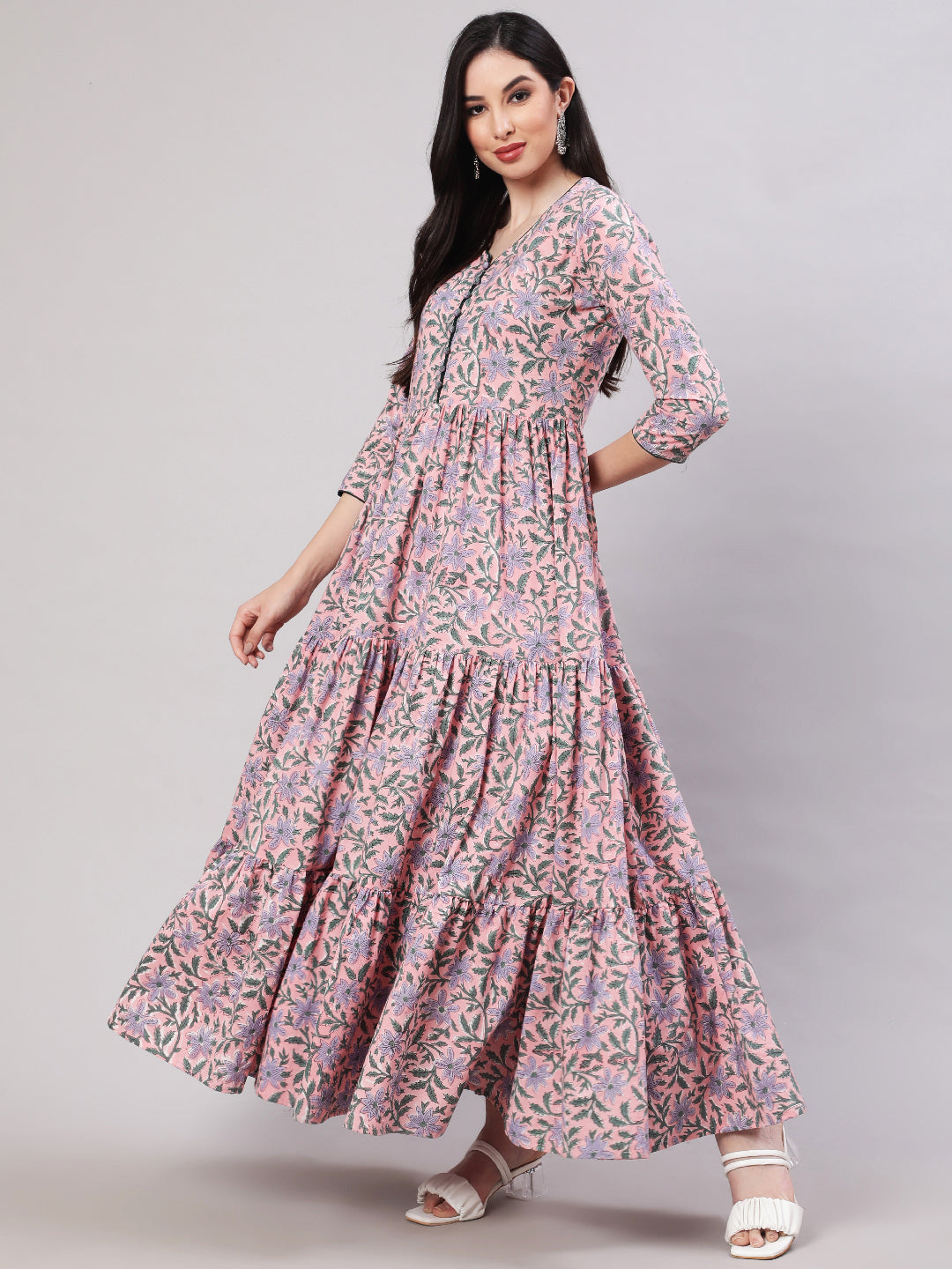 Rayon Printed Ankle Length Flared 3/4 Sleeve Round Neck Kurta