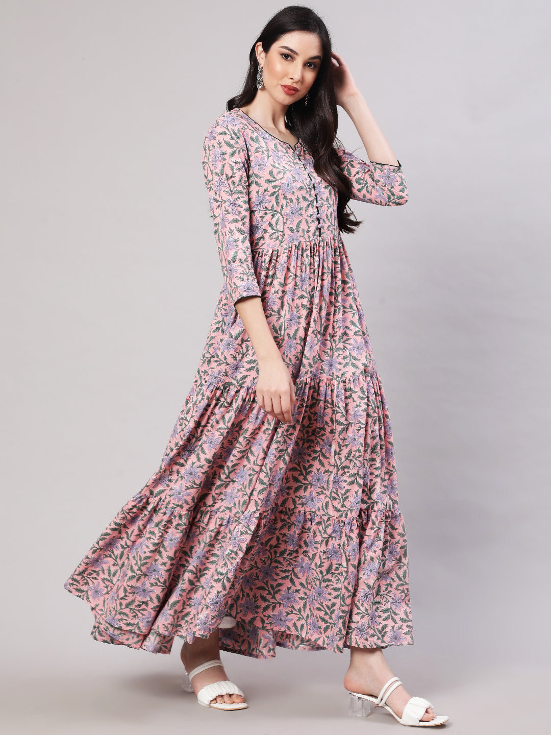 Rayon Printed Ankle Length Flared 3/4 Sleeve Round Neck Kurta