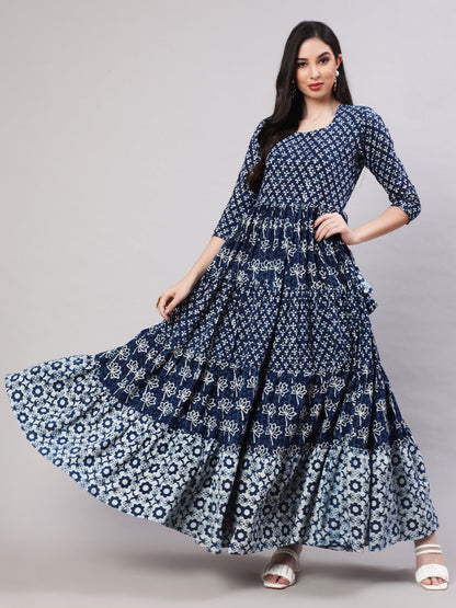 Rayon Printed Ankle Length Flared 3/4 Sleeve Round Neck Kurta