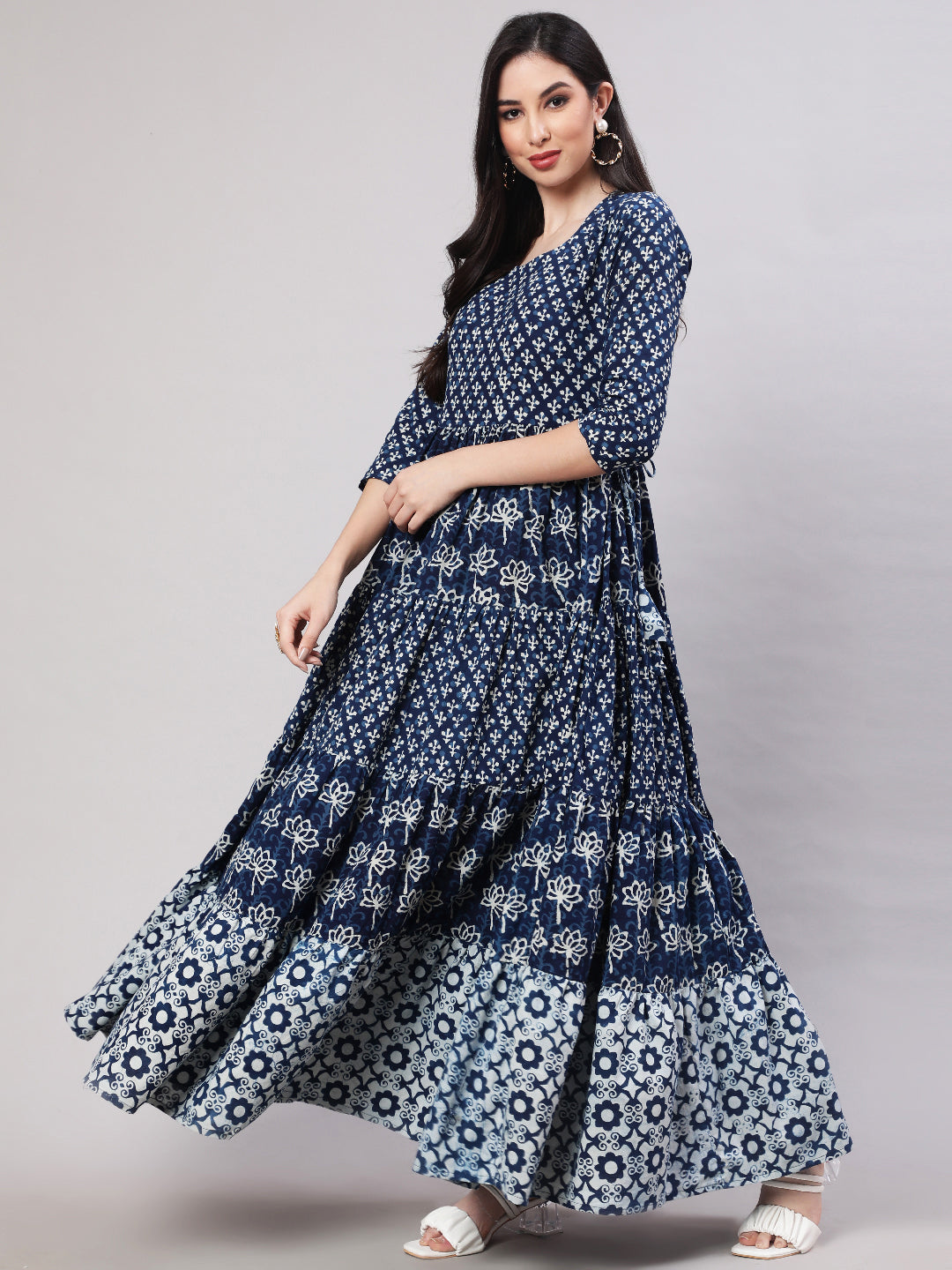 Rayon Printed Ankle Length Flared 3/4 Sleeve Round Neck Kurta