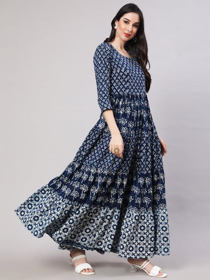 Rayon Printed Ankle Length Flared 3/4 Sleeve Round Neck Kurta