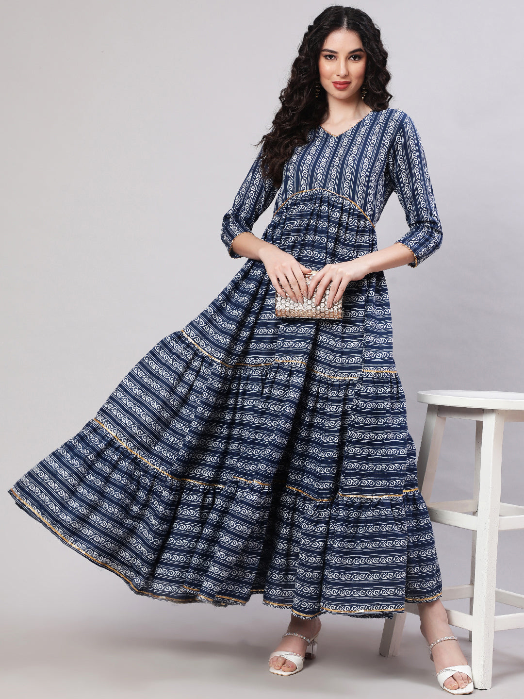 Rayon Printed Ankle Length Flared 3/4 Sleeve V Neck Kurta