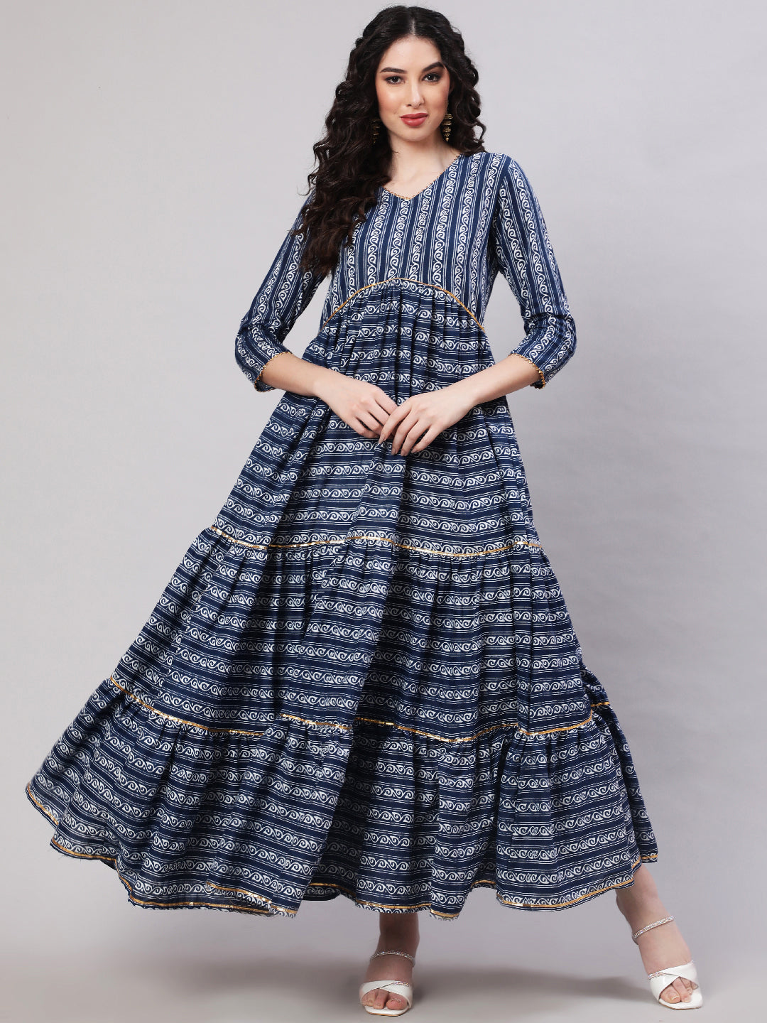 Rayon Printed Ankle Length Flared 3/4 Sleeve V Neck Kurta