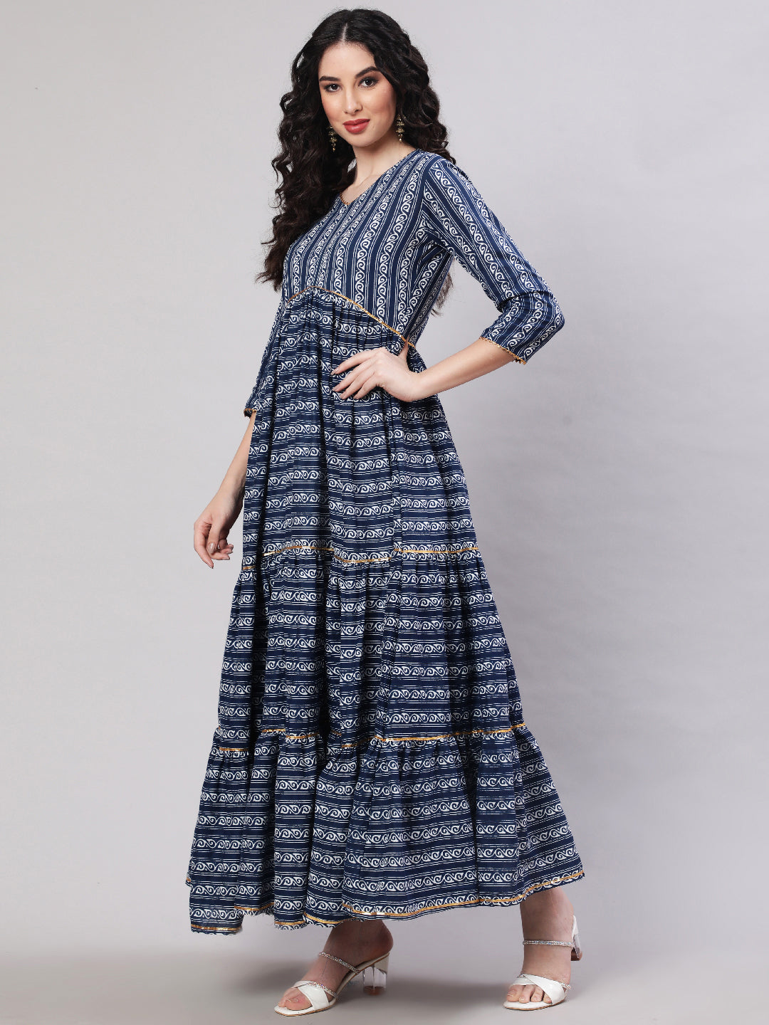 Rayon Printed Ankle Length Flared 3/4 Sleeve V Neck Kurta