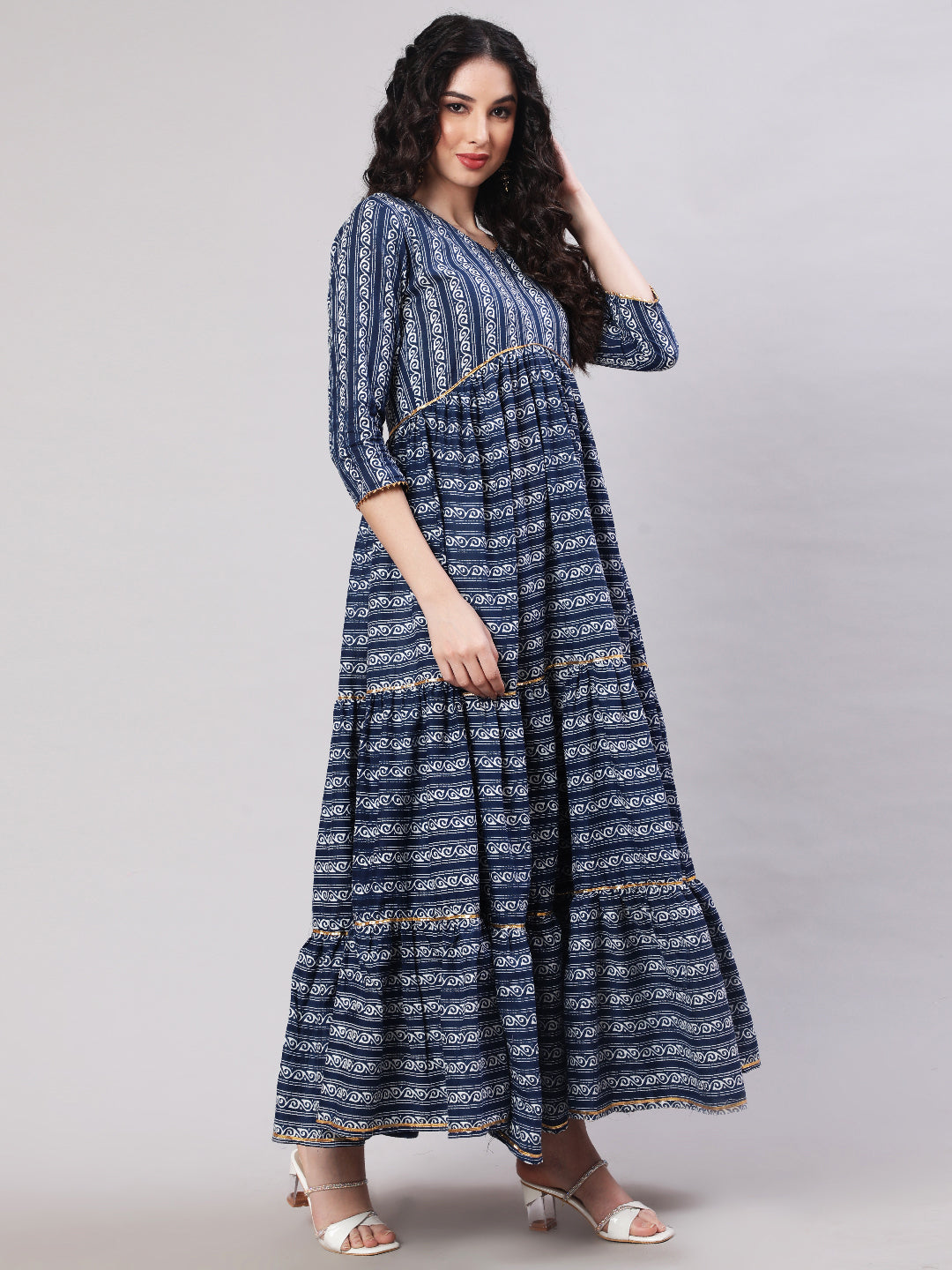 Rayon Printed Ankle Length Flared 3/4 Sleeve V Neck Kurta