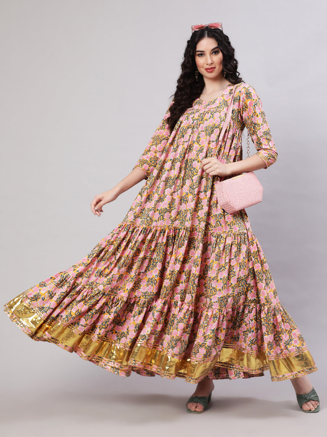 Rayon Printed Ankle Length Flared 3/4 Sleeve Round Neck Kurta