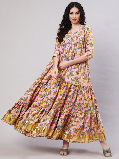 Rayon Printed Ankle Length Flared 3/4 Sleeve Round Neck Kurta