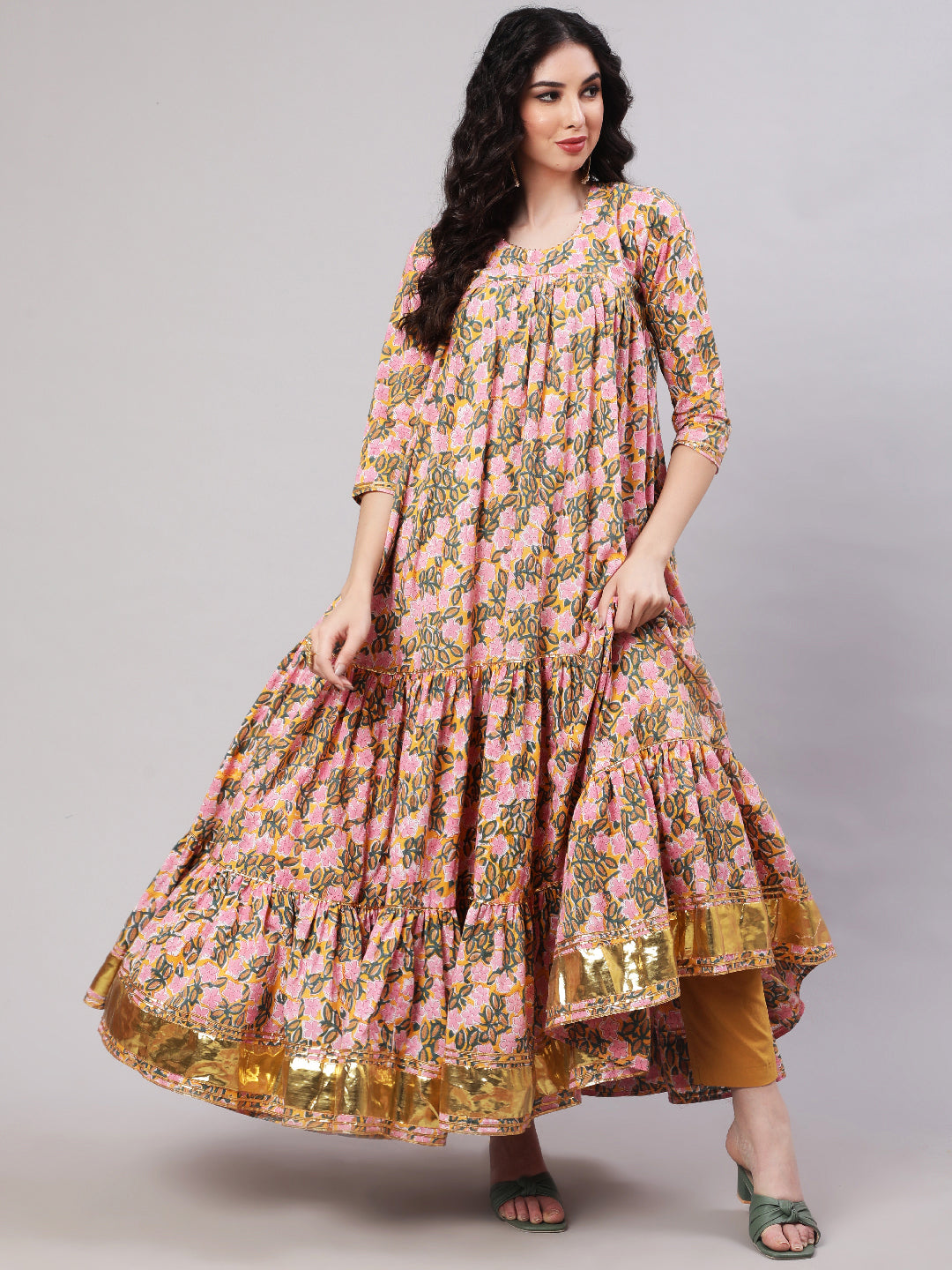 Rayon Printed Ankle Length Flared 3/4 Sleeve Round Neck Kurta