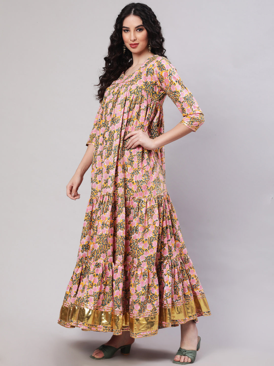 Rayon Printed Ankle Length Flared 3/4 Sleeve Round Neck Kurta