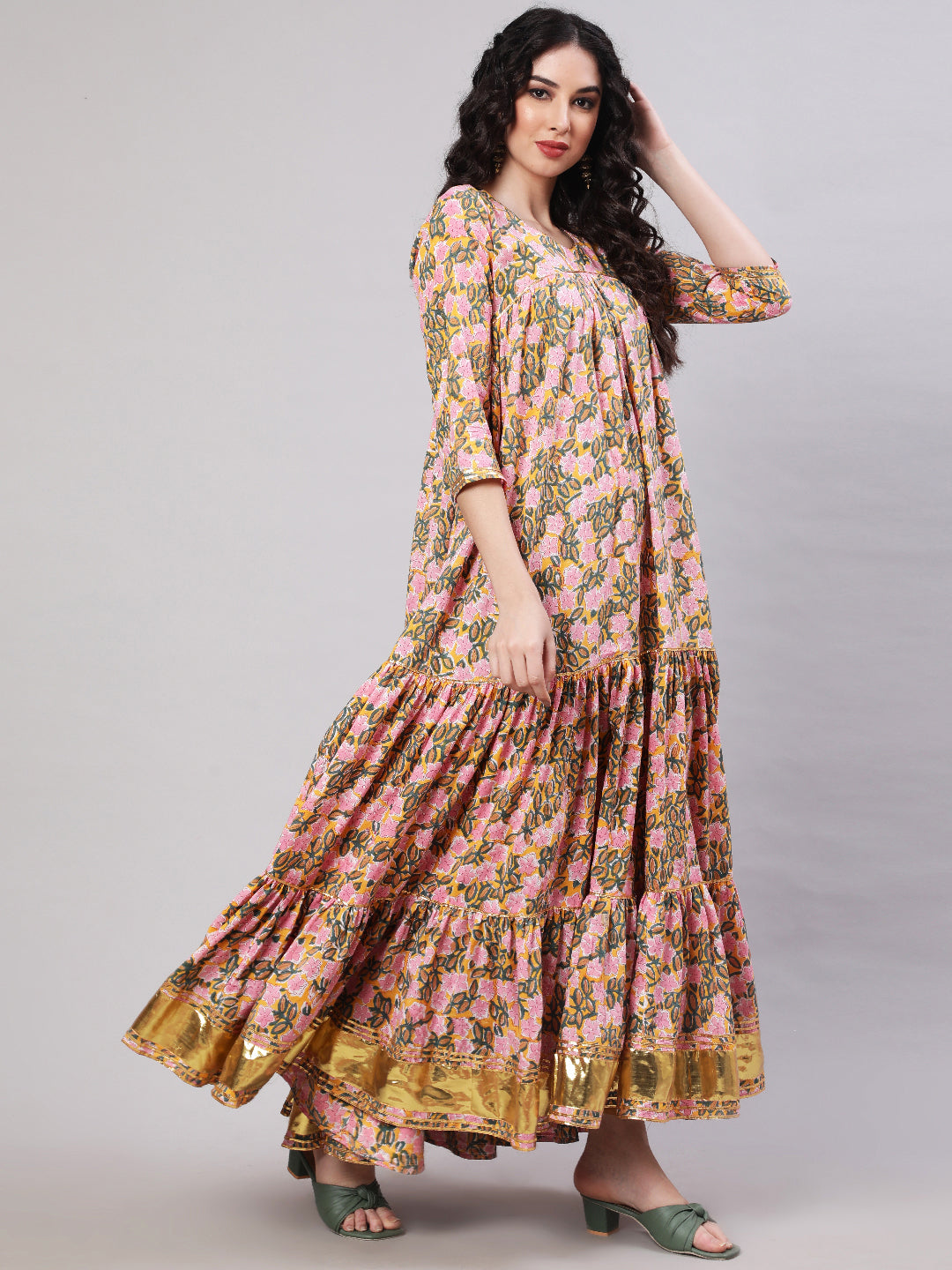 Rayon Printed Ankle Length Flared 3/4 Sleeve Round Neck Kurta