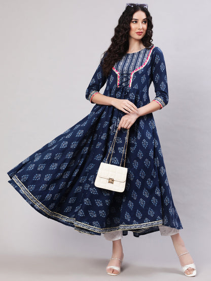 Rayon Printed Ankle Length Flared 3/4 Sleeve Round Neck Kurta