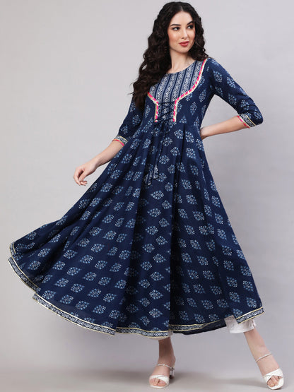 Rayon Printed Ankle Length Flared 3/4 Sleeve Round Neck Kurta