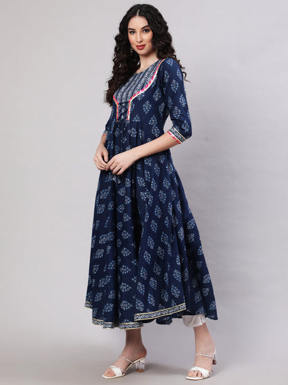 Rayon Printed Ankle Length Flared 3/4 Sleeve Round Neck Kurta