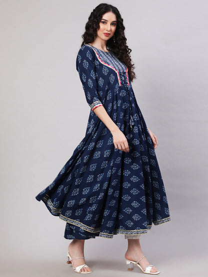 Rayon Printed Ankle Length Flared 3/4 Sleeve Round Neck Kurta