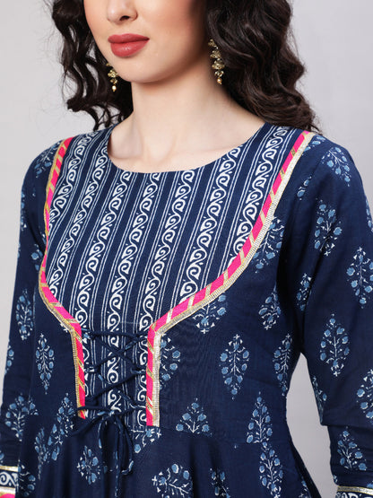 Rayon Printed Ankle Length Flared 3/4 Sleeve Round Neck Kurta