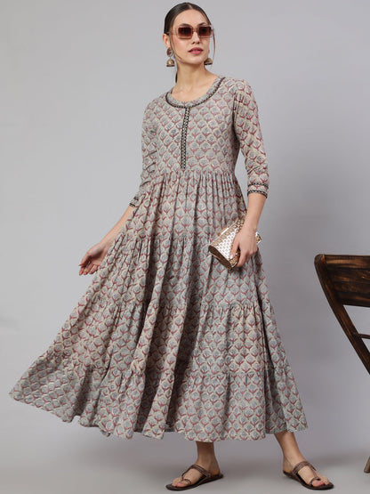 Cotton Printed Ankle Length Flared 3/4 Sleeve Round Neck Kurta