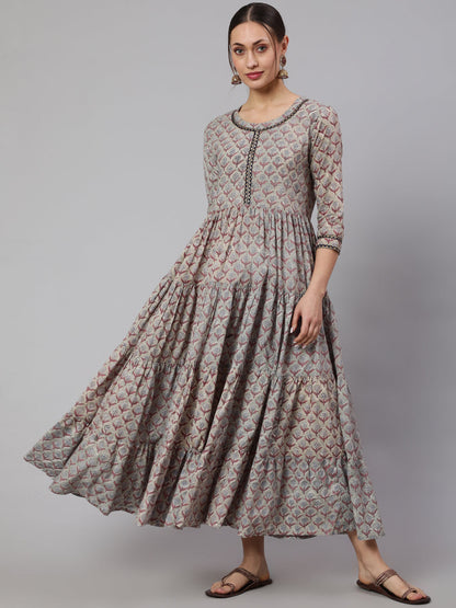 Cotton Printed Ankle Length Flared 3/4 Sleeve Round Neck Kurta