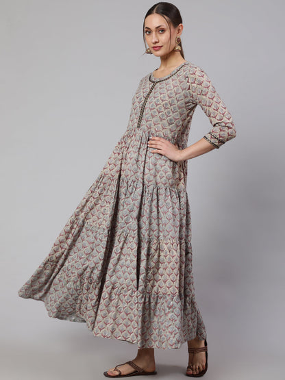 Cotton Printed Ankle Length Flared 3/4 Sleeve Round Neck Kurta