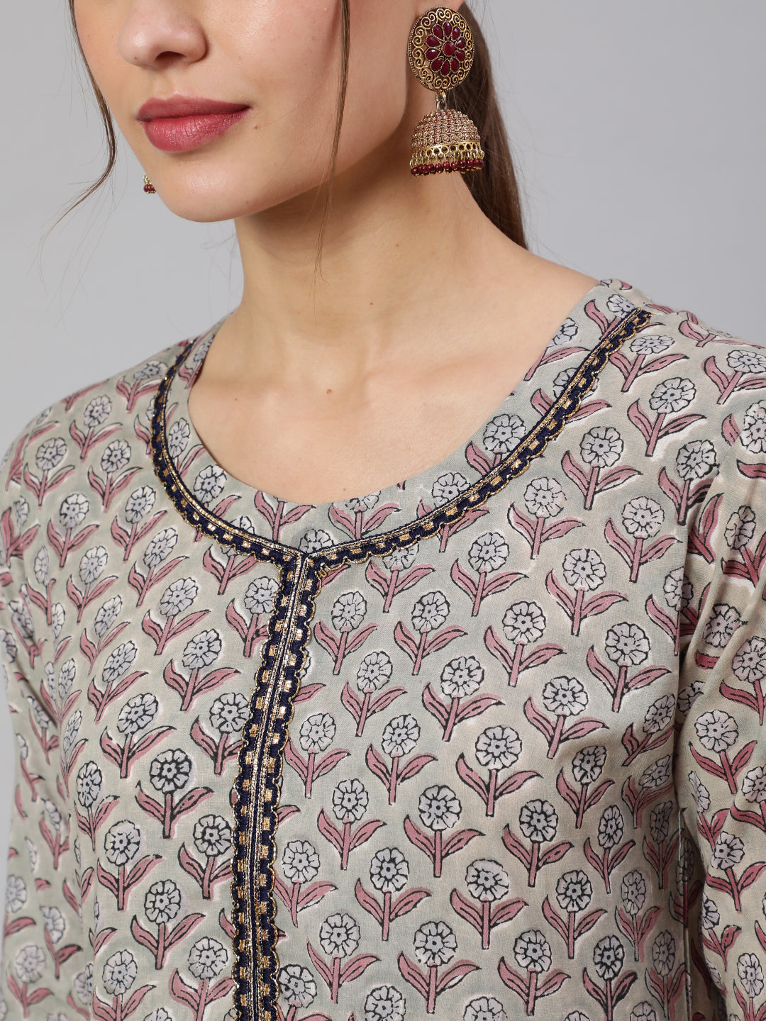 Cotton Printed Ankle Length Flared 3/4 Sleeve Round Neck Kurta