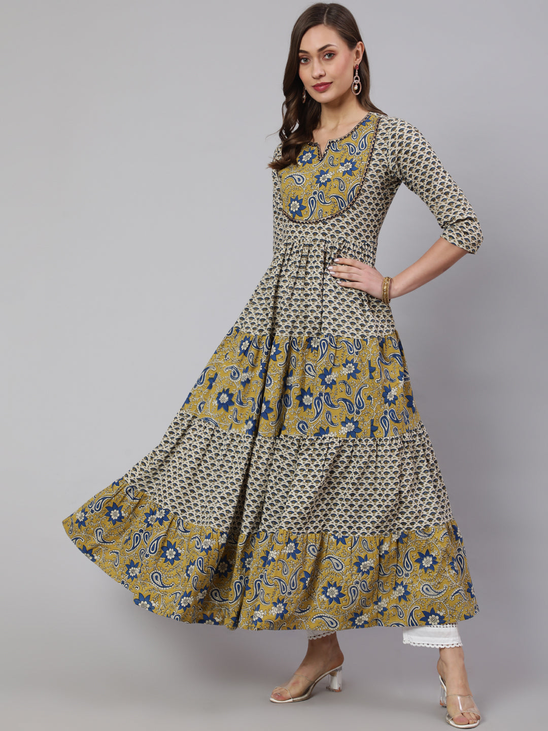 Cotton Printed Ankle Length Flared 3/4 Sleeve Round Neck Kurta