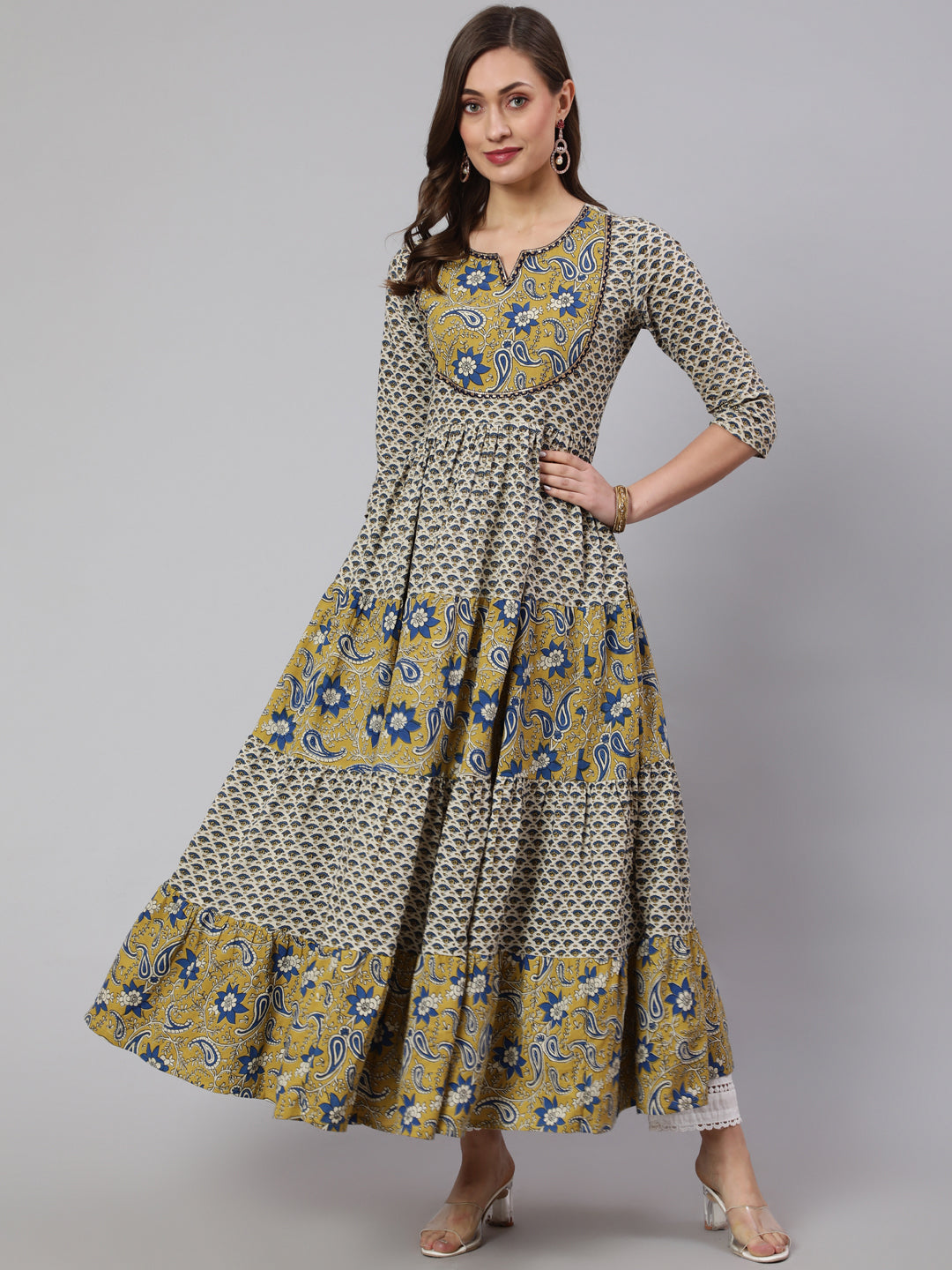 Cotton Printed Ankle Length Flared 3/4 Sleeve Round Neck Kurta