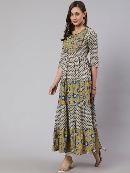 Cotton Printed Ankle Length Flared 3/4 Sleeve Round Neck Kurta