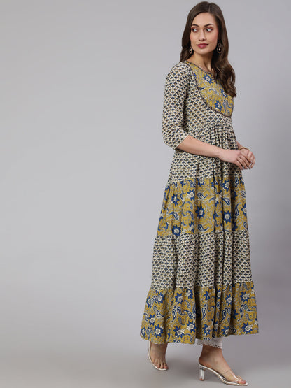 Cotton Printed Ankle Length Flared 3/4 Sleeve Round Neck Kurta