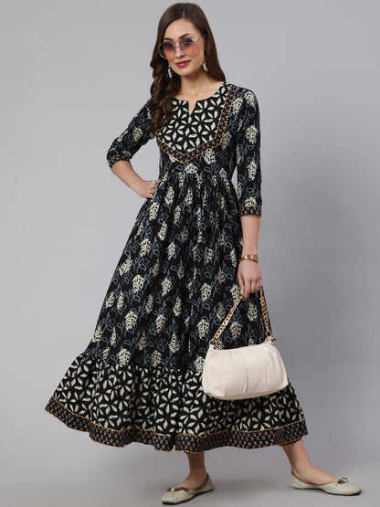 Cotton Printed Ankle Length Flared 3/4 Sleeve Round Neck Kurta