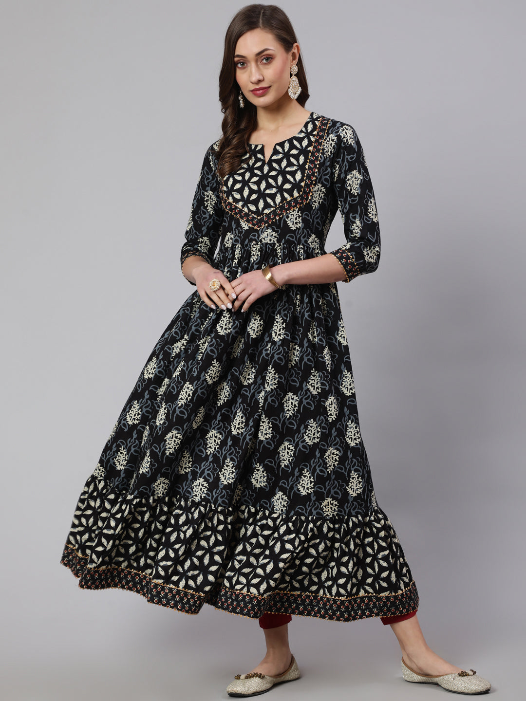 Cotton Printed Ankle Length Flared 3/4 Sleeve Round Neck Kurta