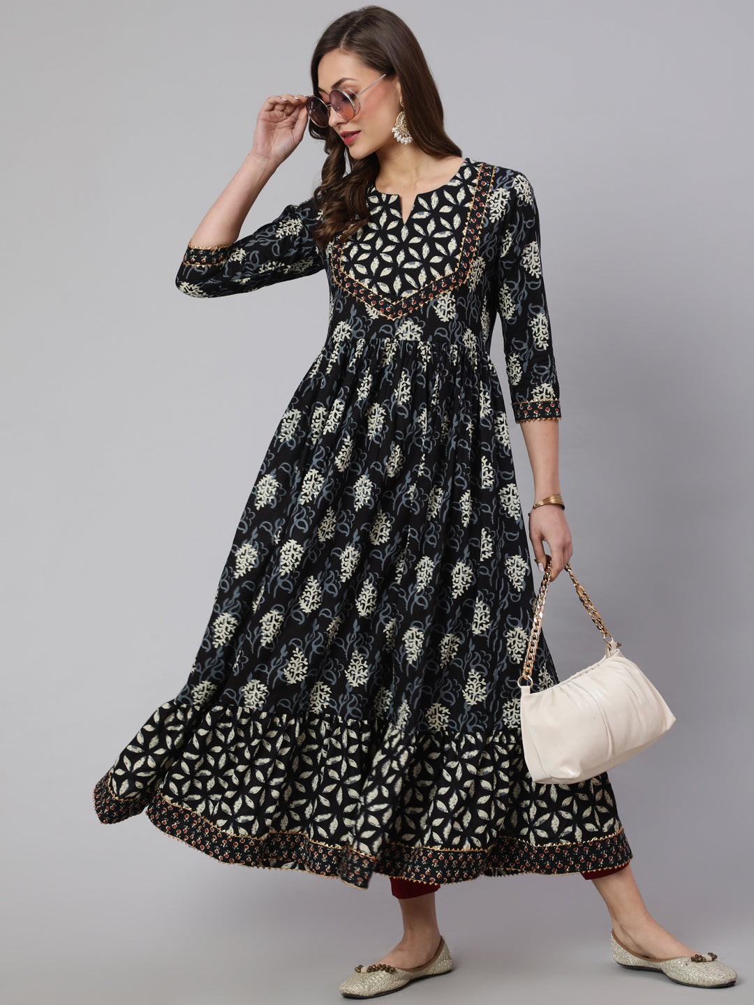 Cotton Printed Ankle Length Flared 3/4 Sleeve Round Neck Kurta