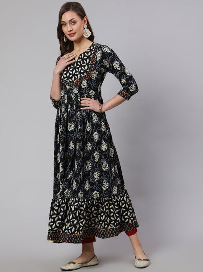 Cotton Printed Ankle Length Flared 3/4 Sleeve Round Neck Kurta