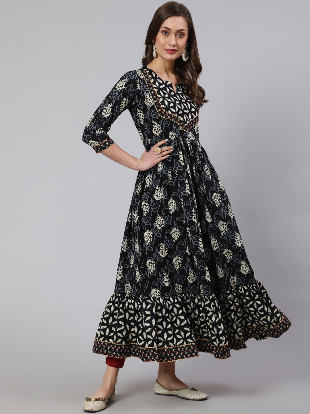 Cotton Printed Ankle Length Flared 3/4 Sleeve Round Neck Kurta