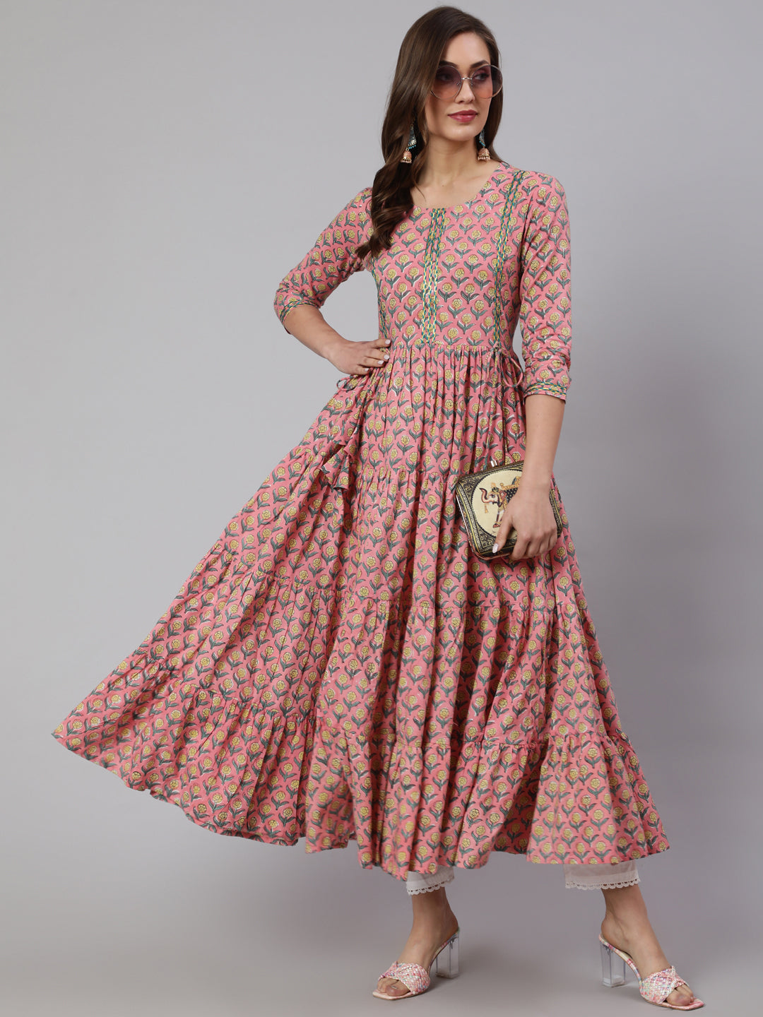 Cotton Printed Ankle Length Flared 3/4 Sleeve Round Neck Kurta