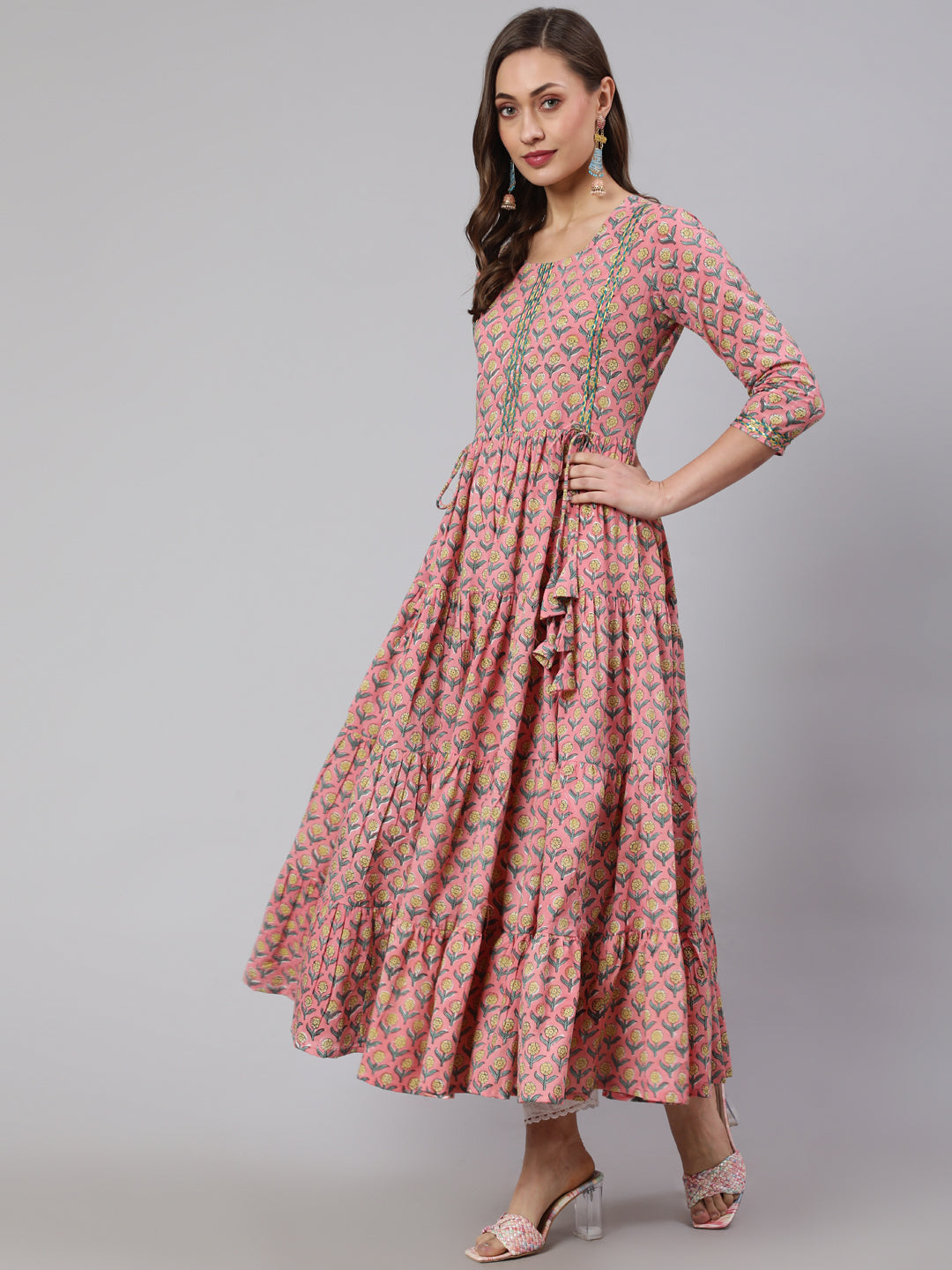 Cotton Printed Ankle Length Flared 3/4 Sleeve Round Neck Kurta