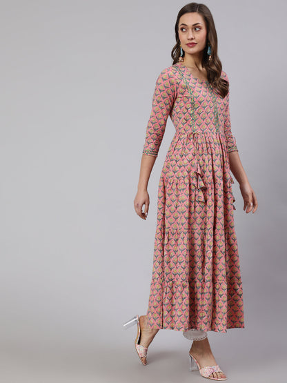 Cotton Printed Ankle Length Flared 3/4 Sleeve Round Neck Kurta