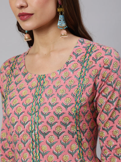 Cotton Printed Ankle Length Flared 3/4 Sleeve Round Neck Kurta