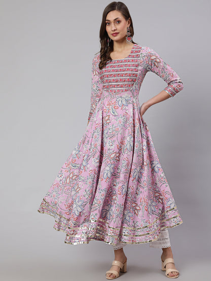 Cotton Printed Ankle Length Flared 3/4 Sleeve Round Neck Kurta