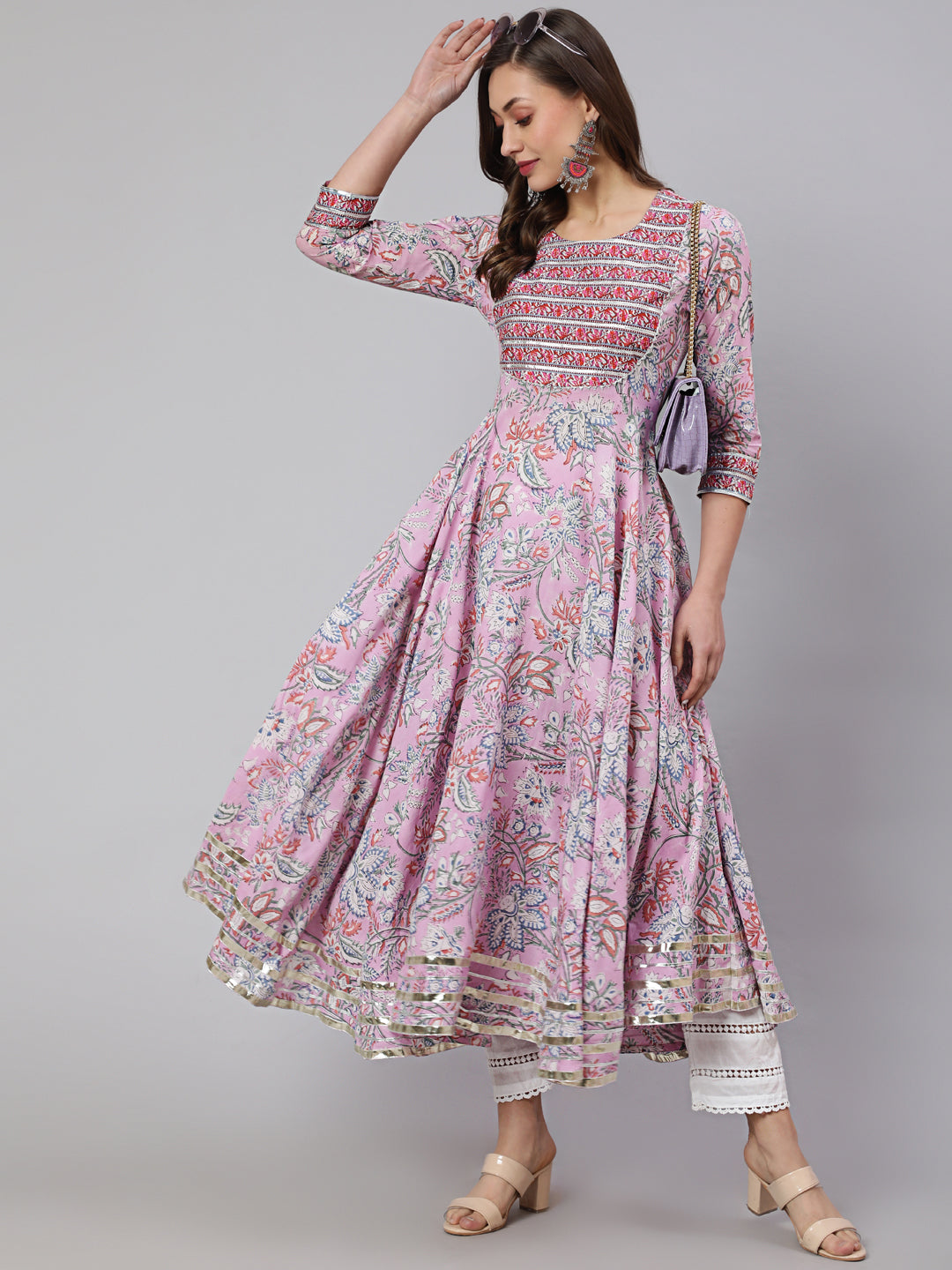 Cotton Printed Ankle Length Flared 3/4 Sleeve Round Neck Kurta