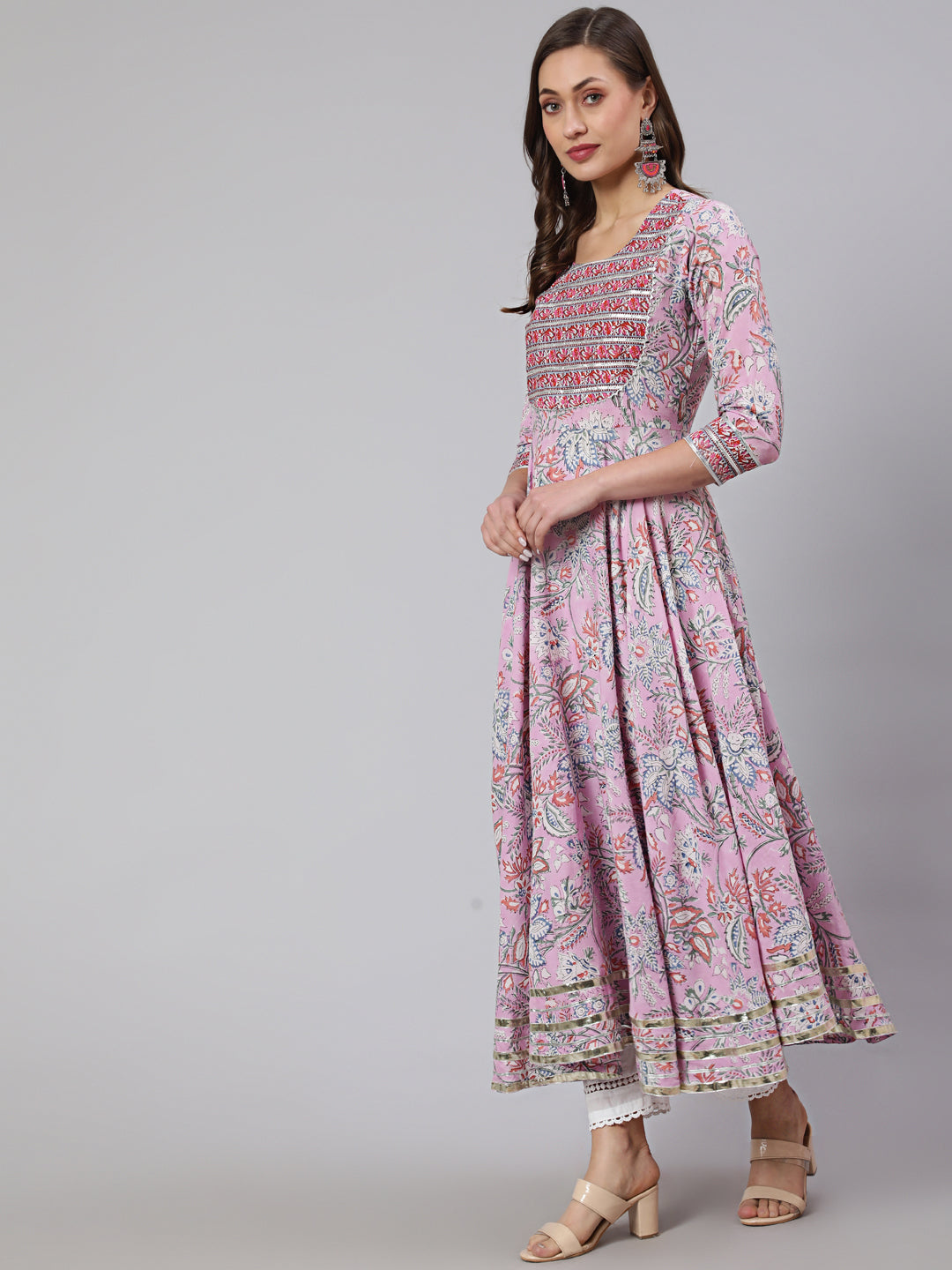 Cotton Printed Ankle Length Flared 3/4 Sleeve Round Neck Kurta