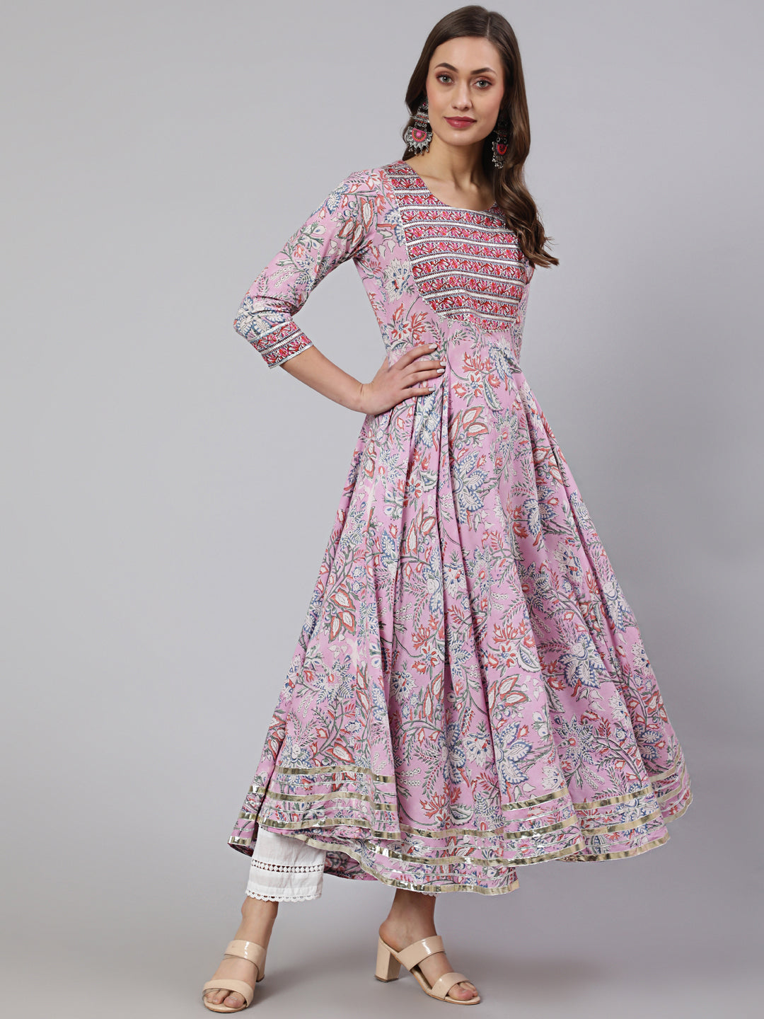 Cotton Printed Ankle Length Flared 3/4 Sleeve Round Neck Kurta