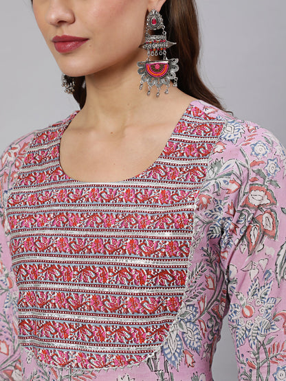 Cotton Printed Ankle Length Flared 3/4 Sleeve Round Neck Kurta