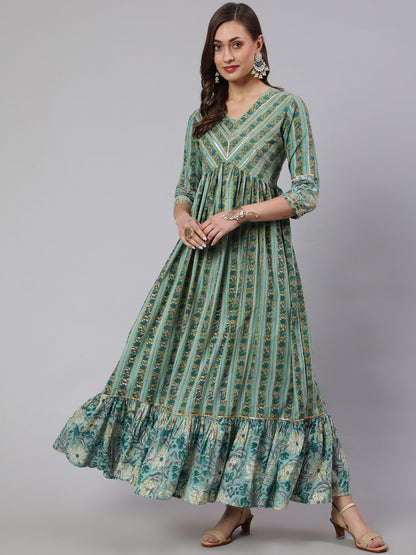 Cotton Printed Ankle Length Flared 3/4 Sleeve Round Neck Kurta