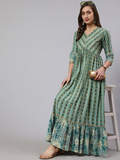 Cotton Printed Ankle Length Flared 3/4 Sleeve Round Neck Kurta